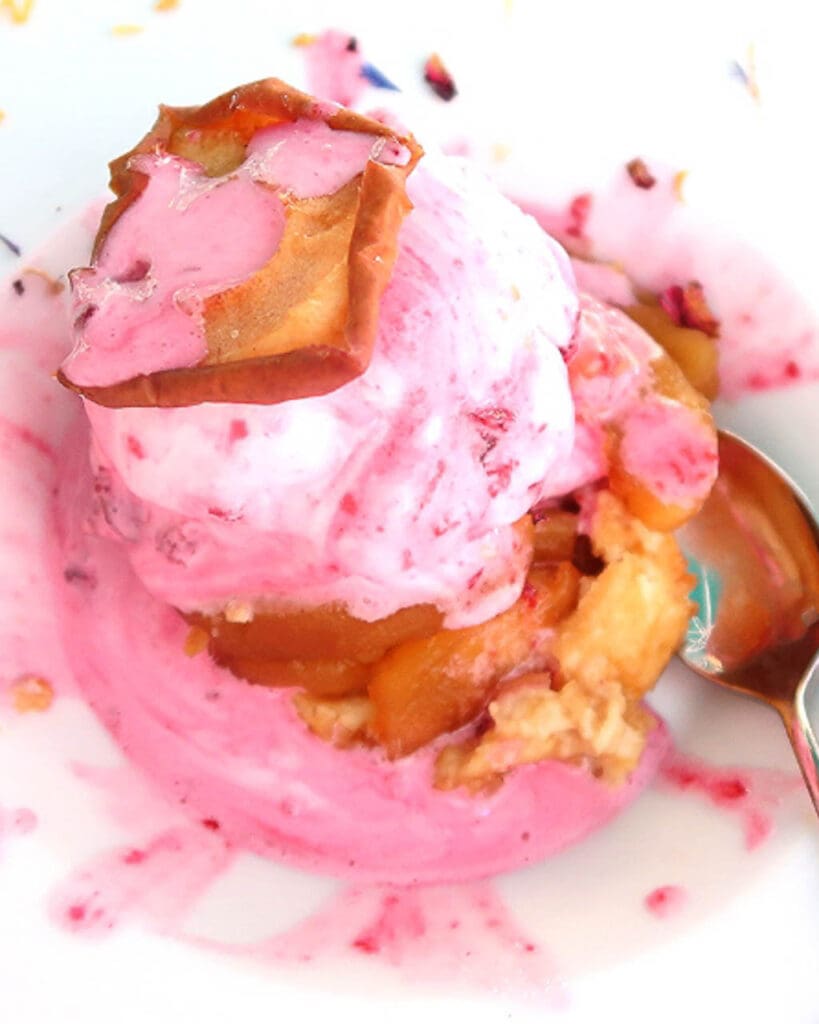 Pink vegan cherry ice cream with dried apple slices from Venice, Italy