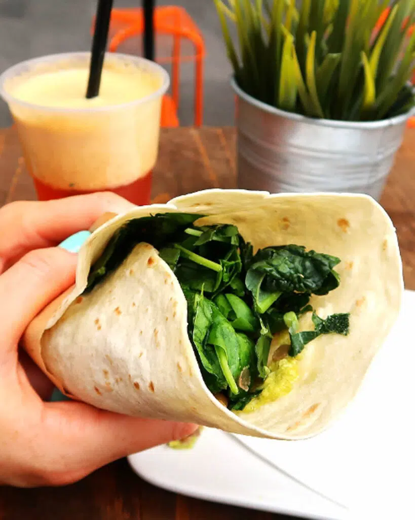 A vegan lunch wrap from Florence, Northern Italy with spinach.