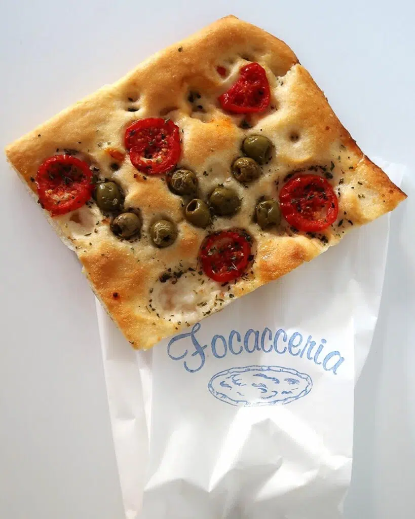 Vegan cherry tomato and olive focaccia from Monterosso, Cinque Terry, Italy