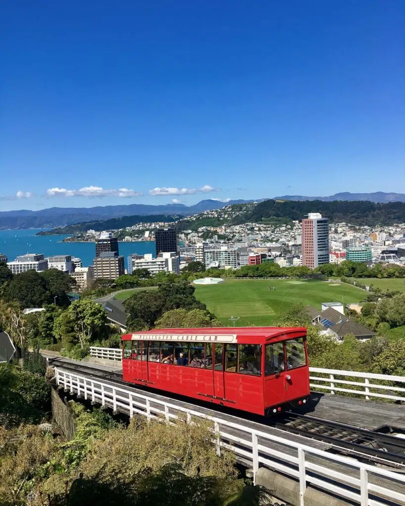 Red cable car travelling up hill with Wellington bay in the background