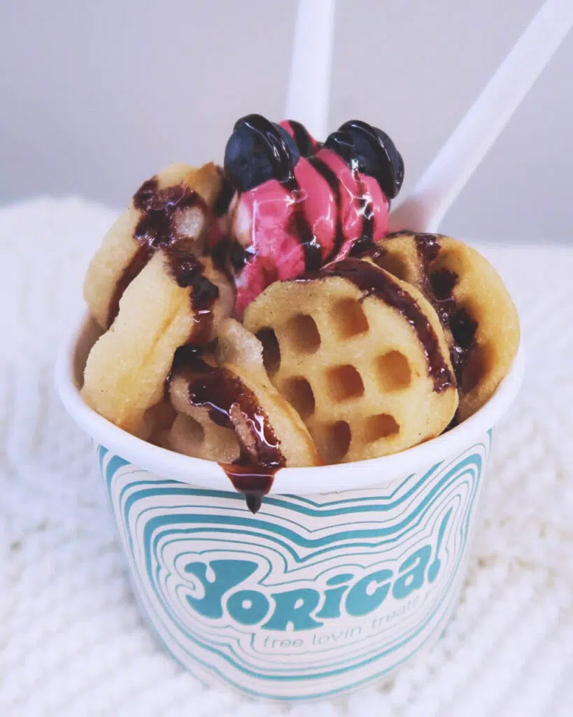 Take away tub of vegan ice cream, mini waffles and chocolate sauce from Yorica