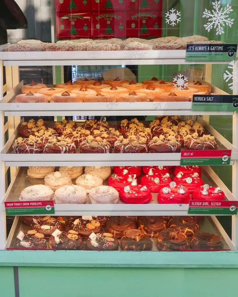 Window display of doughnuts at Doughnut Time