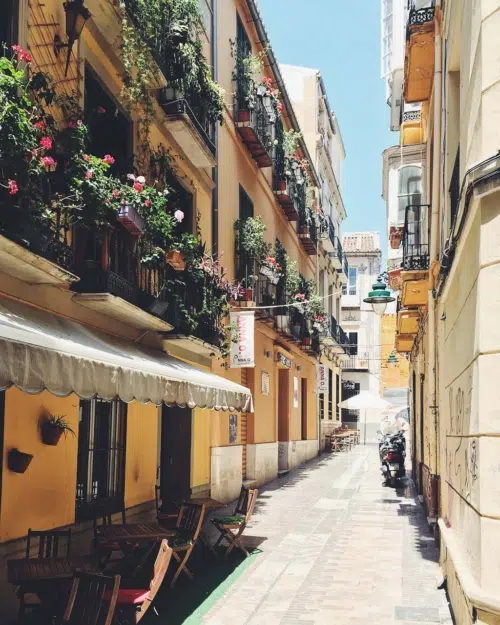 A pretty street in Malaga with yellow buildings and flowers