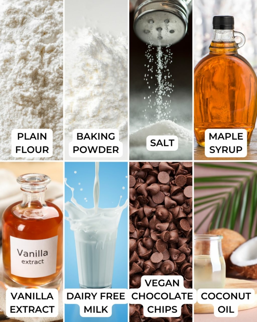 Ingredients needed to make vegan chocolate chip waffles