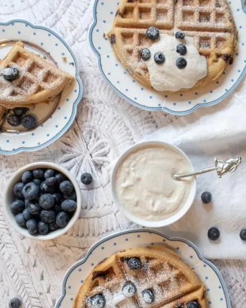 A flat lay of vegan chocolate chip waffles with fresh blueberries and dairy free cream