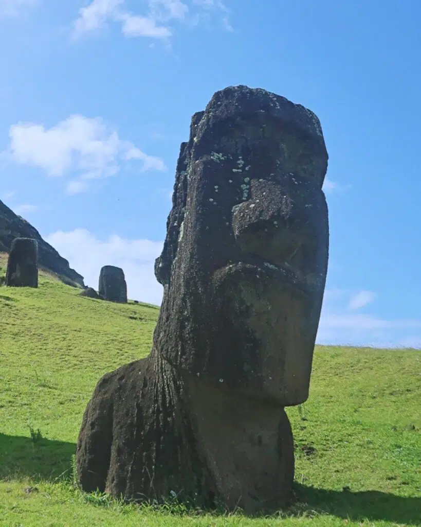 A tilting moai Easter Island head at the quarry on Rapa Nui