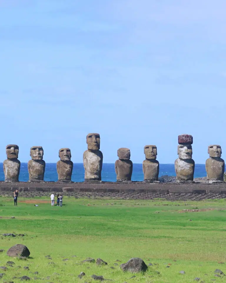 A line of moai on Easter Island Rapa Nui, with their backs to the sea