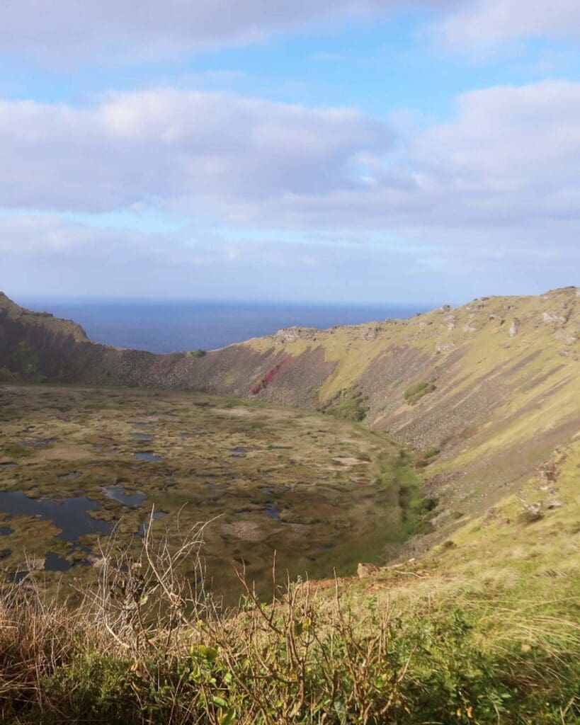 Orongo Volcano on Easter Island, with the crater covered in green plants
