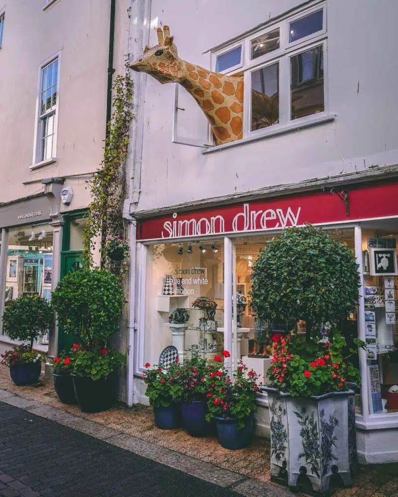 Simon Drew art gallery in Dartmouth with a giraffe sticking it's head out of the 1st floor window