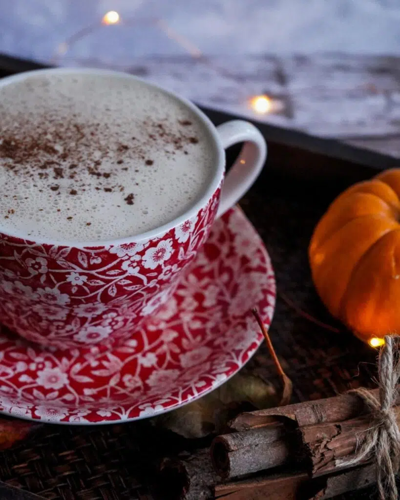 A pretty red teacup on a saucer holding pumpkin spice latte sprinkled with cinnamon and surrounded by fairy lights, mini pumpkins and autumn leaves