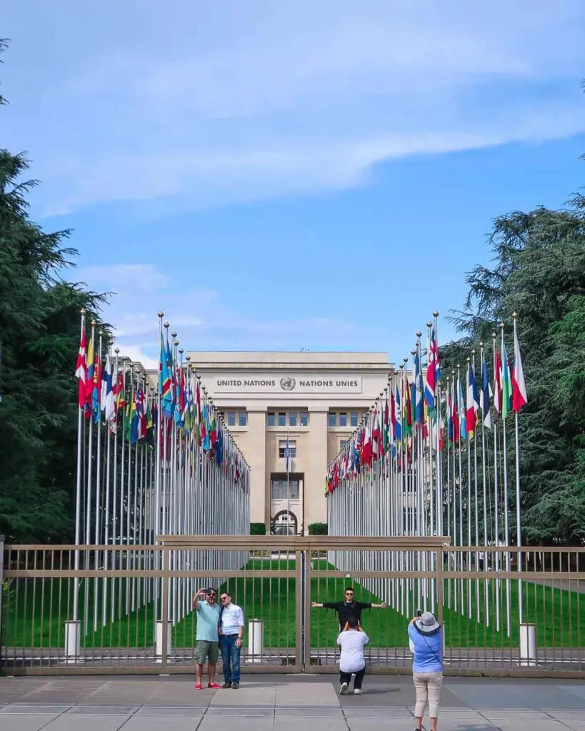 The flags in a line at the United Nations building in Geneva