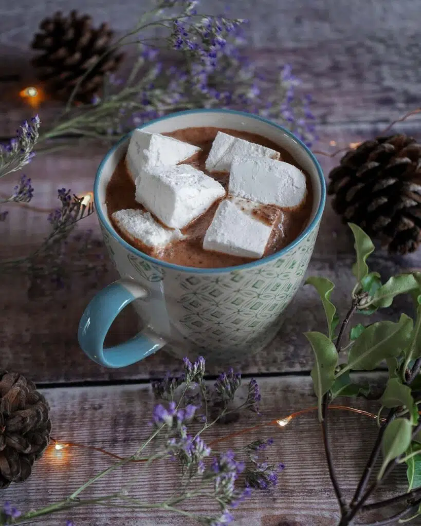 A mug of vegan hot chocolate and marshmallows on a wooden backdrop with fairy lights and purple flowers