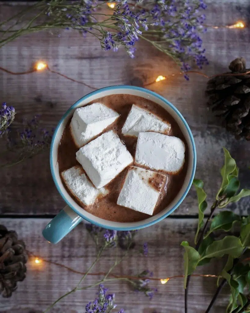 A mug of vegan hot chocolate and marshmallows on a wooden backdrop with fairy lights and purple flowers