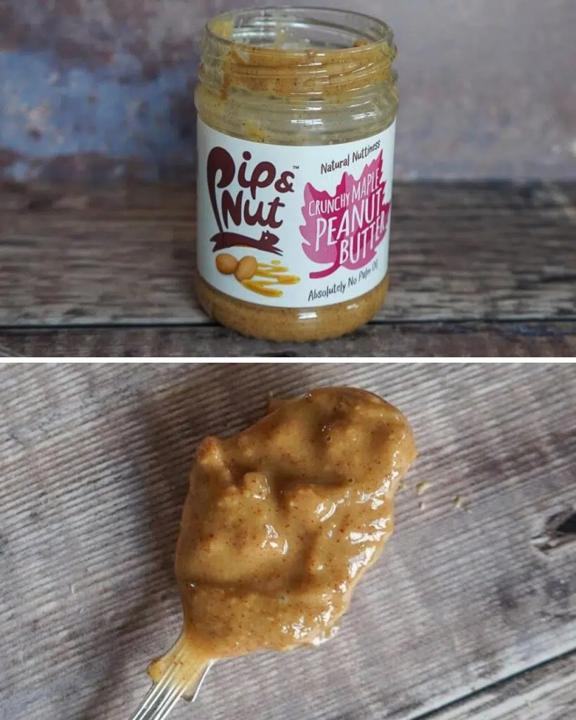 A jar of Pip and Nut Maple Peanut Butter and a spoonful showing the consistency