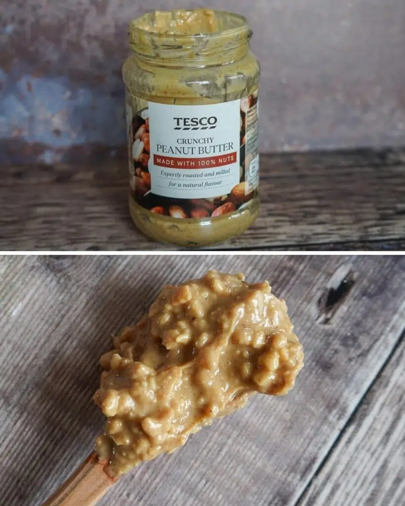 A jar of Tesco Peanut Butter and a spoonful showing the consistency