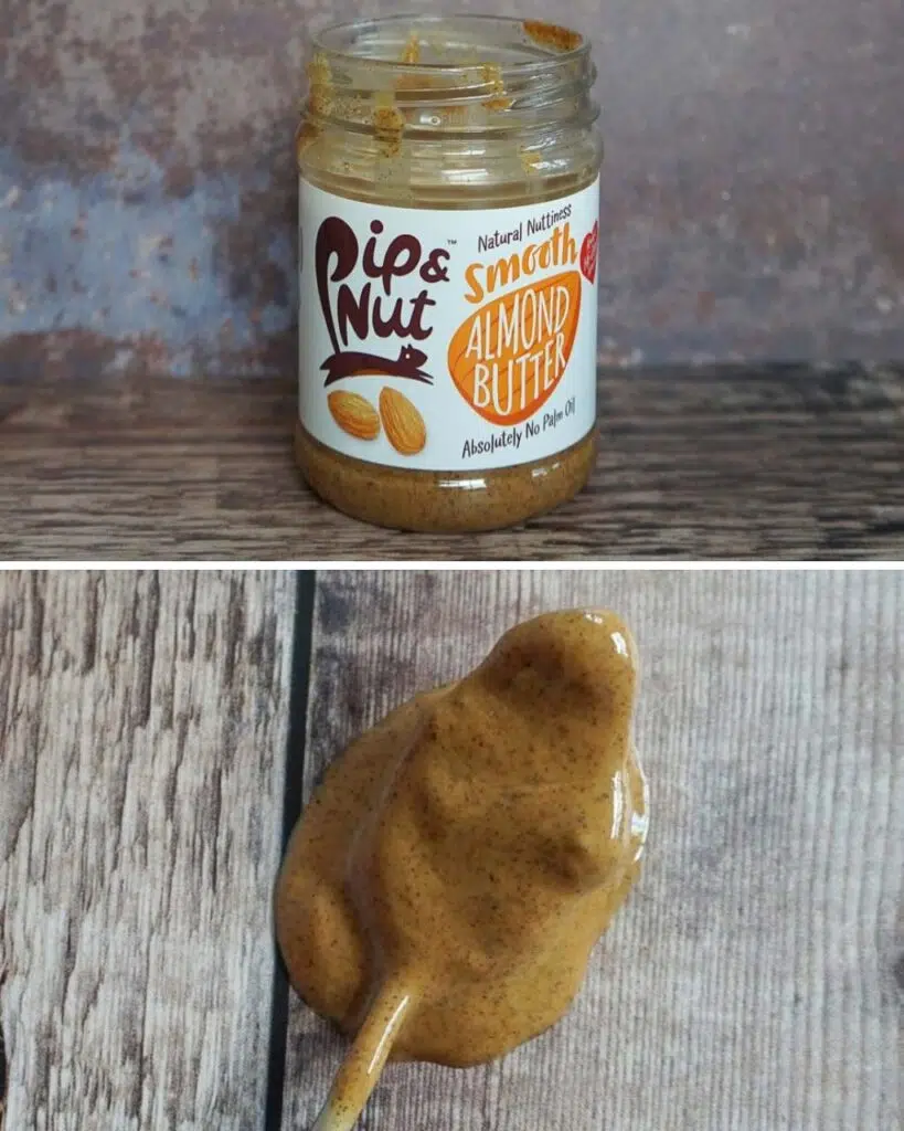 A jar of Pip and Nut Almond Butter and a spoonful showing the consistency