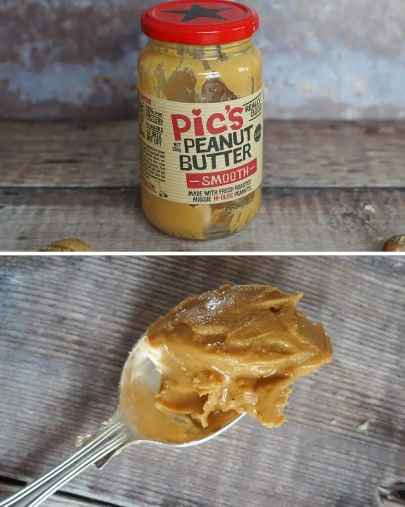A jar of Pics Peanut Butter and a spoonful showing the consistency