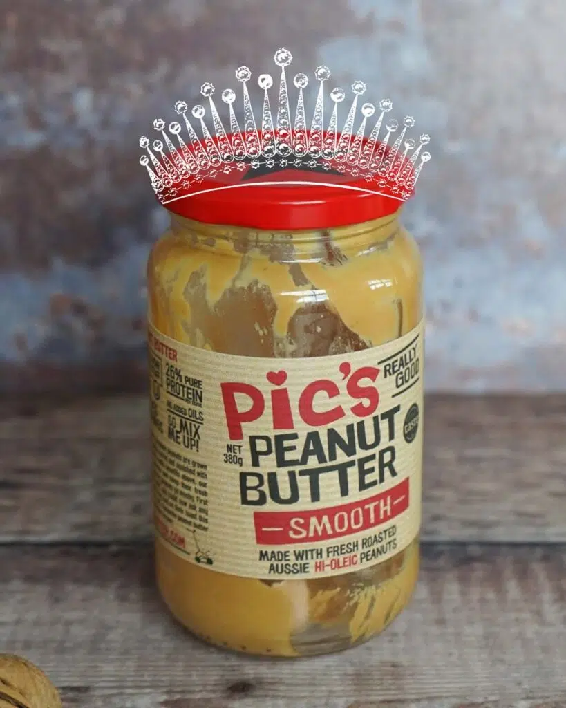 A jar of Pic's peanut butter with a red lid