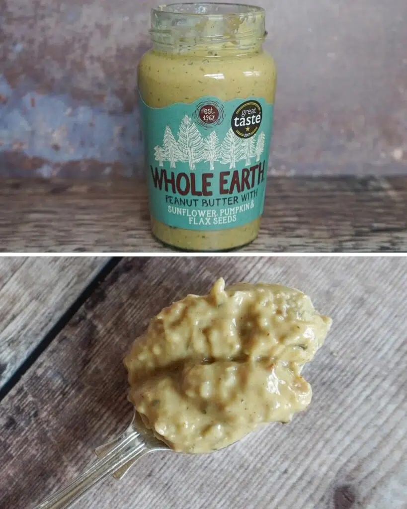A jar of Whole Earth seed butter and a spoonful showing the consistency