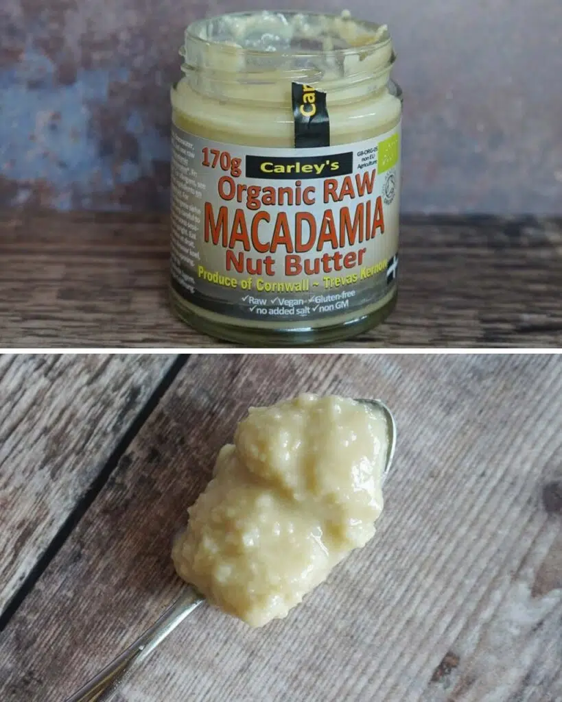 A jar of Carley's Macadamia Butter and a spoonful showing the consistency