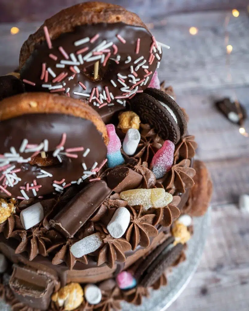 A vegan chocolate cake stacked high with naked chocolate frosting, a chocolate drizzle, chocolate doughnuts, sweets, biscuits and chocolate bars