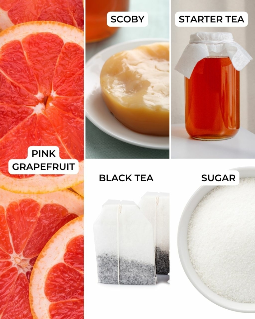 The ingredients needed to make pink grapefruit kombucha