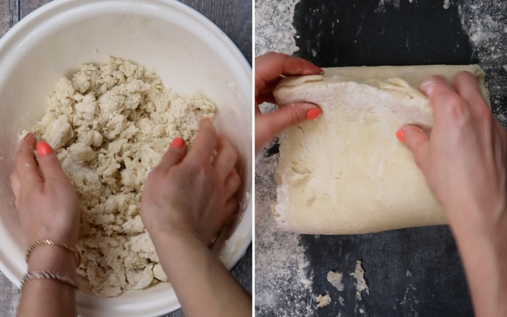 Steps involved in making a vegetable pasty, including making and folding the dough