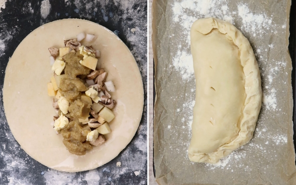 Steps involved in making a veggie pasties, including filling and crimping the pasty