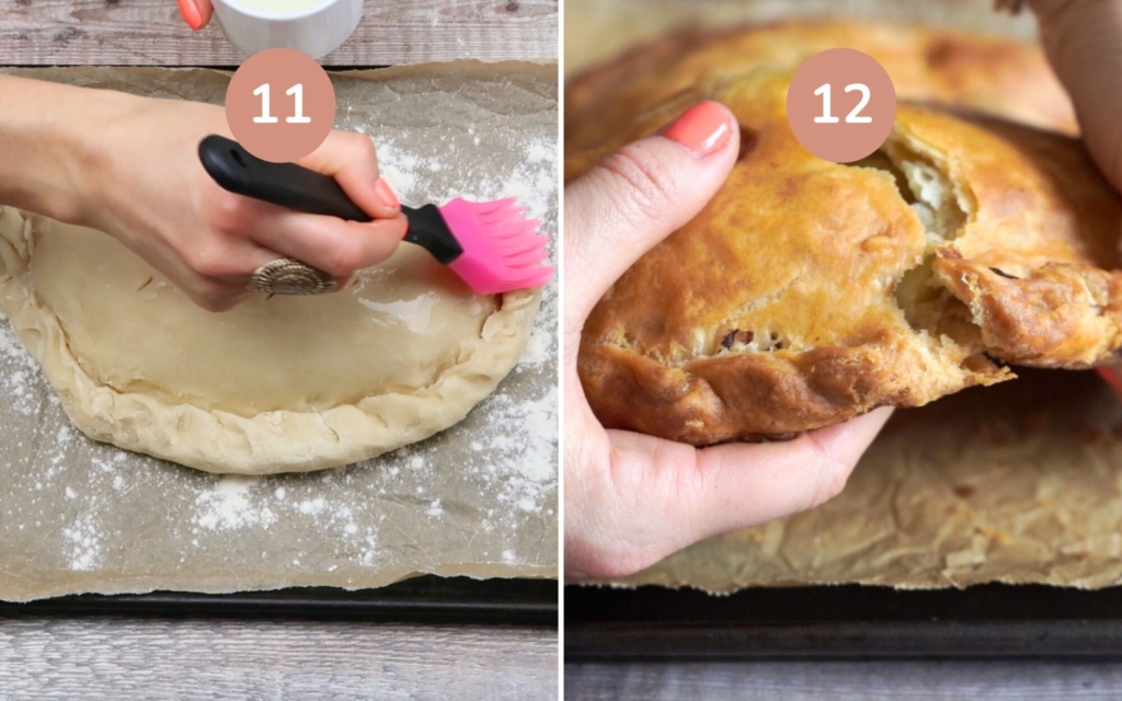Brushing a vegan pasty with dairy free milk and baking it until golden