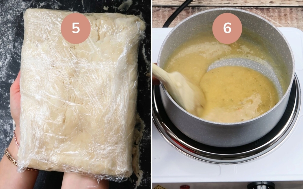 Pastry wrapped ready to refrigerate and vegan gravy being made in a saucepan