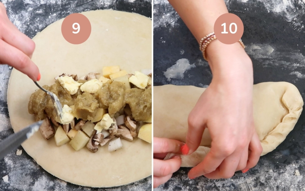 Filling and crimping a vegetable vegan Cornish pasty