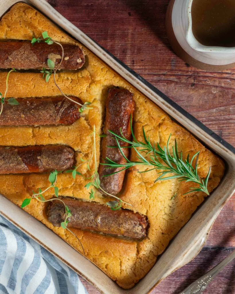 A vegan toad in the hole recipe that creates a golden and crisp yorkshire batter