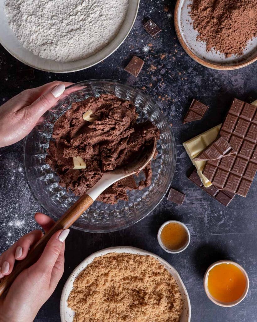 Progress shot of making vegan triple chocolate chunk cookies