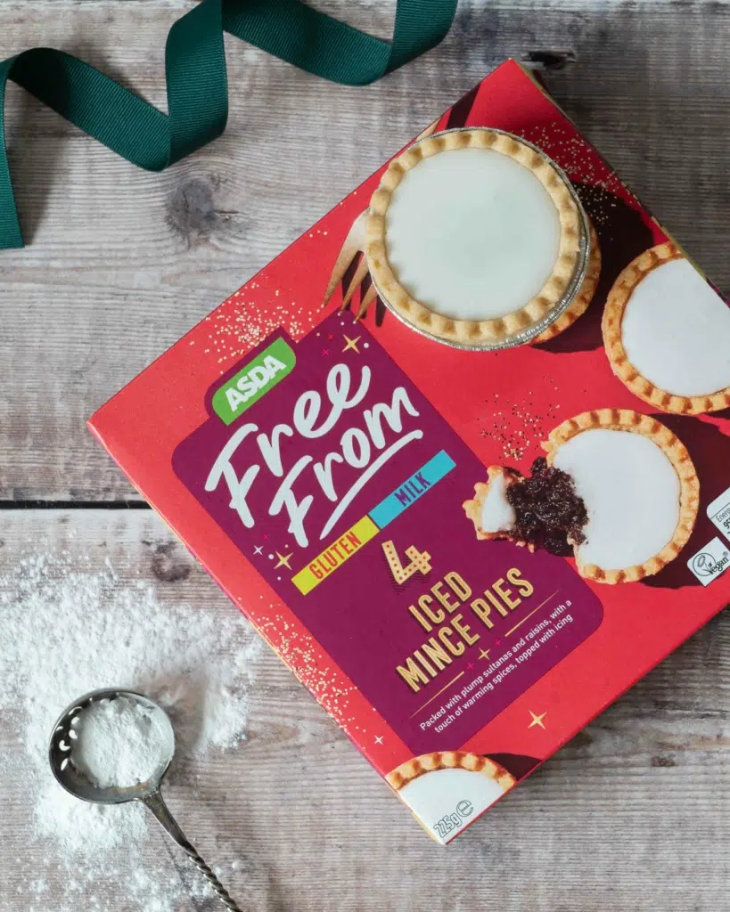 A box of Asda Free From vegan mince pies, topped with white icing