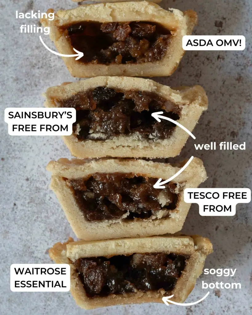 A stack of four mince pies cut open to display the filling