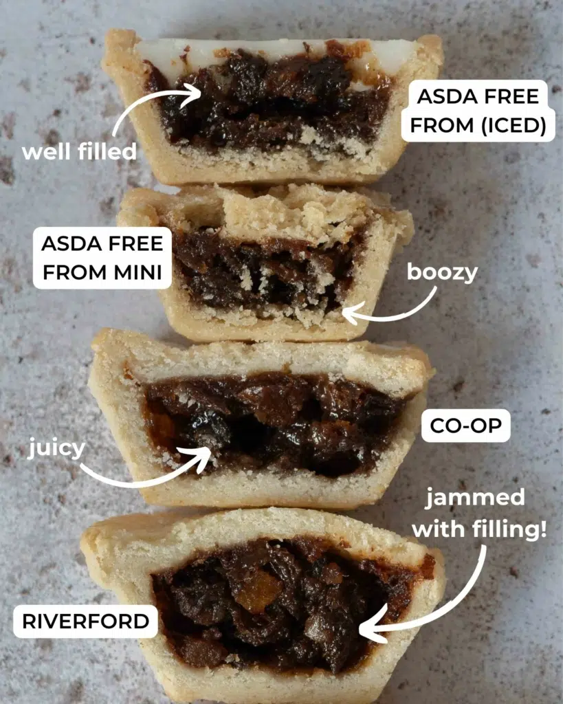 A stack of four mince pies cut open to display the filling