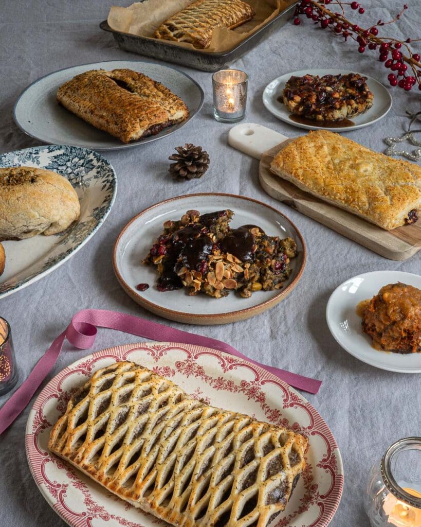 A Christmas dinner table featuring vegan main meals