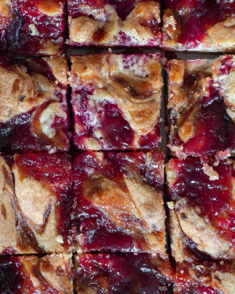 Close up photo of vegan blondies with fresh raspberries, white chocolate and raspberry jam swirled over the top.