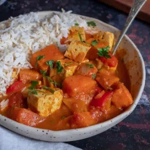 A bowl of rich orange vegan tikka masala served with white rice and naan bread