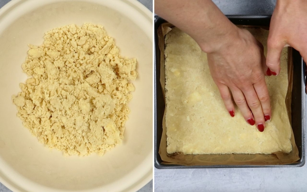 Two process images showing shortbread being made and pressed into a baking tin