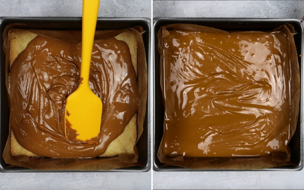 Two process images showing Biscoff spread being smoothed over a layer of vegan shortbread