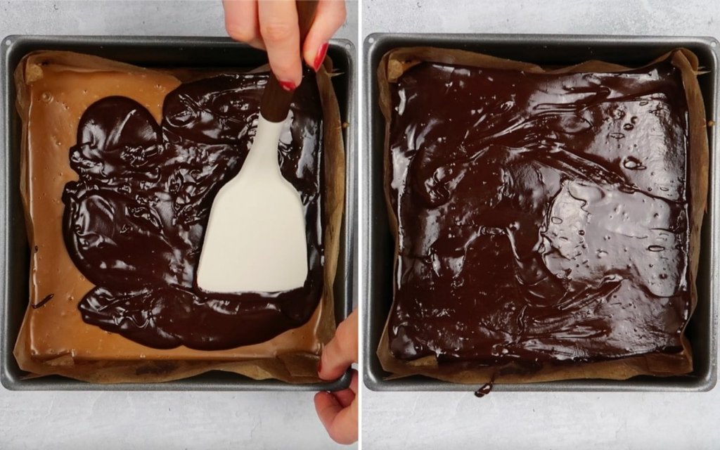 Two process images showing melted dark chocolate being smoothed over a base of vegan shortbread and Biscoff spread