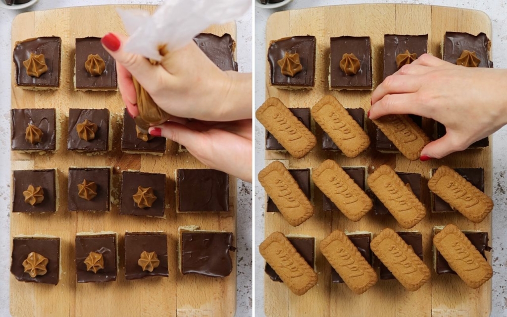 Two process images showing squares of Biscoff Millionaire Shortbread being decorated with piped Biscoff spread and a Lotus Biscoff Biscuit