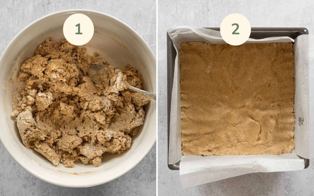A healthy no-bake oat biscuit dough being pressed into a baking tin