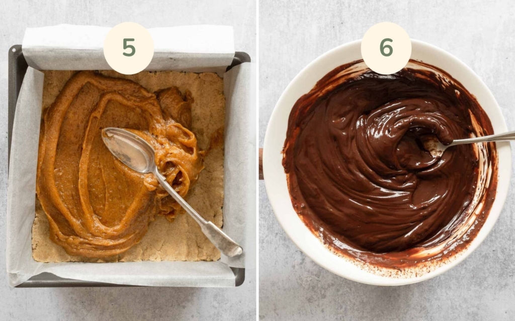 Date caramel and melted dark chocolate being added in layers to a baking tin to make healthy millionaires shortbread