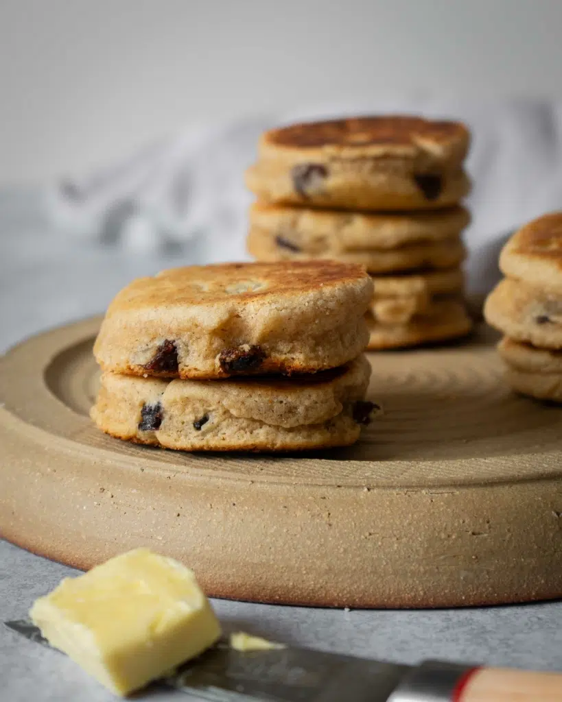 Chunky round vegan welsh cakes studded with juicy sultanas