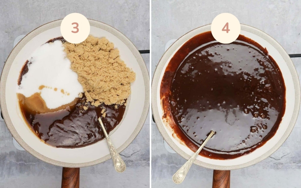 Melting chocolate and sugar to make vegan chocolate brownies