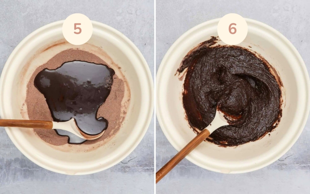 Stirring together wet and dry ingredients to make vegan chocolate brownies