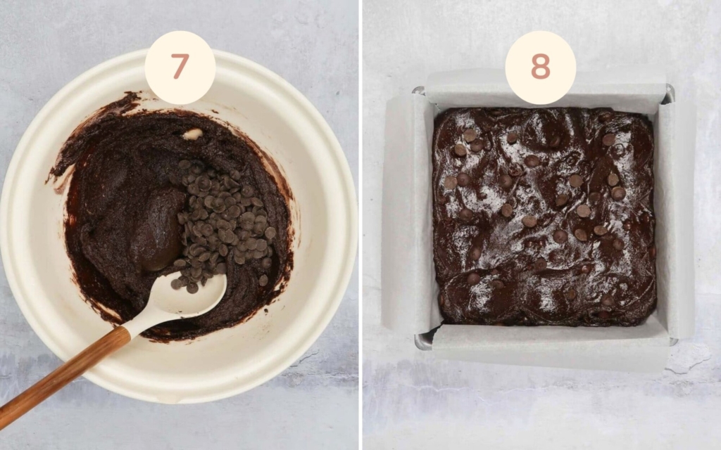 Pouring brownie batter into a baking tin ready to bake fudgy vegan brownies