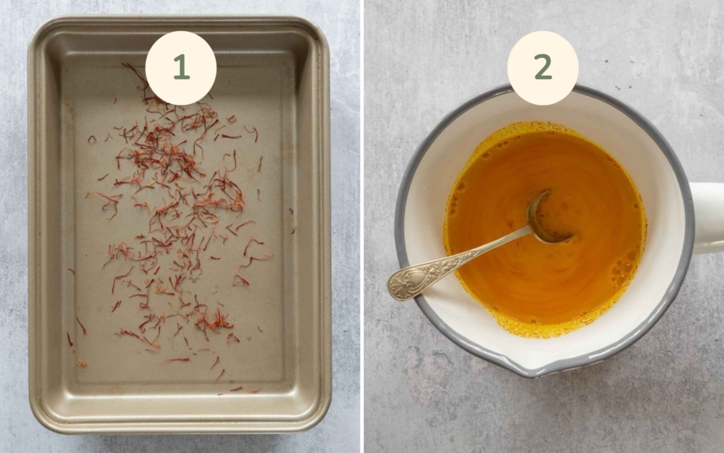 Saffron roasting on a tray and a saucepan of saffron milk